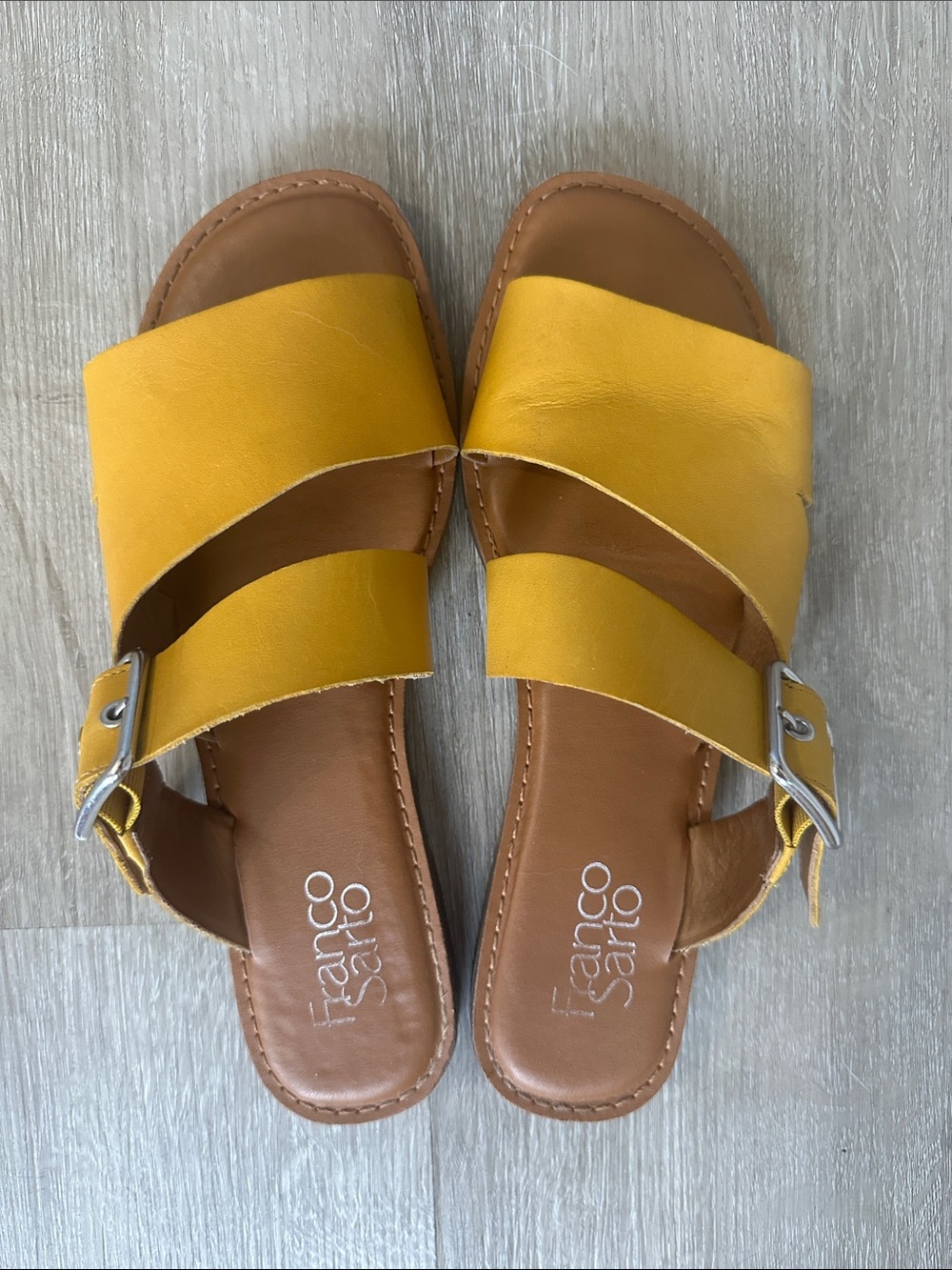 Franco Sarto Yellow Double-Strap Leather Flat Slide Sandals Size 7